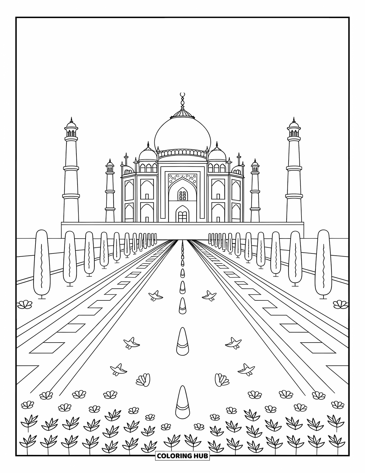 India Coloring Page for Adults: Taj Mahal reflected in pool with flowers and bushes