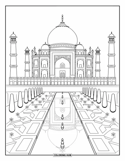 Coloriage d'Inde pour adultes : Taj Mahal avec ses quatre jardins et une vue sur les montagnes