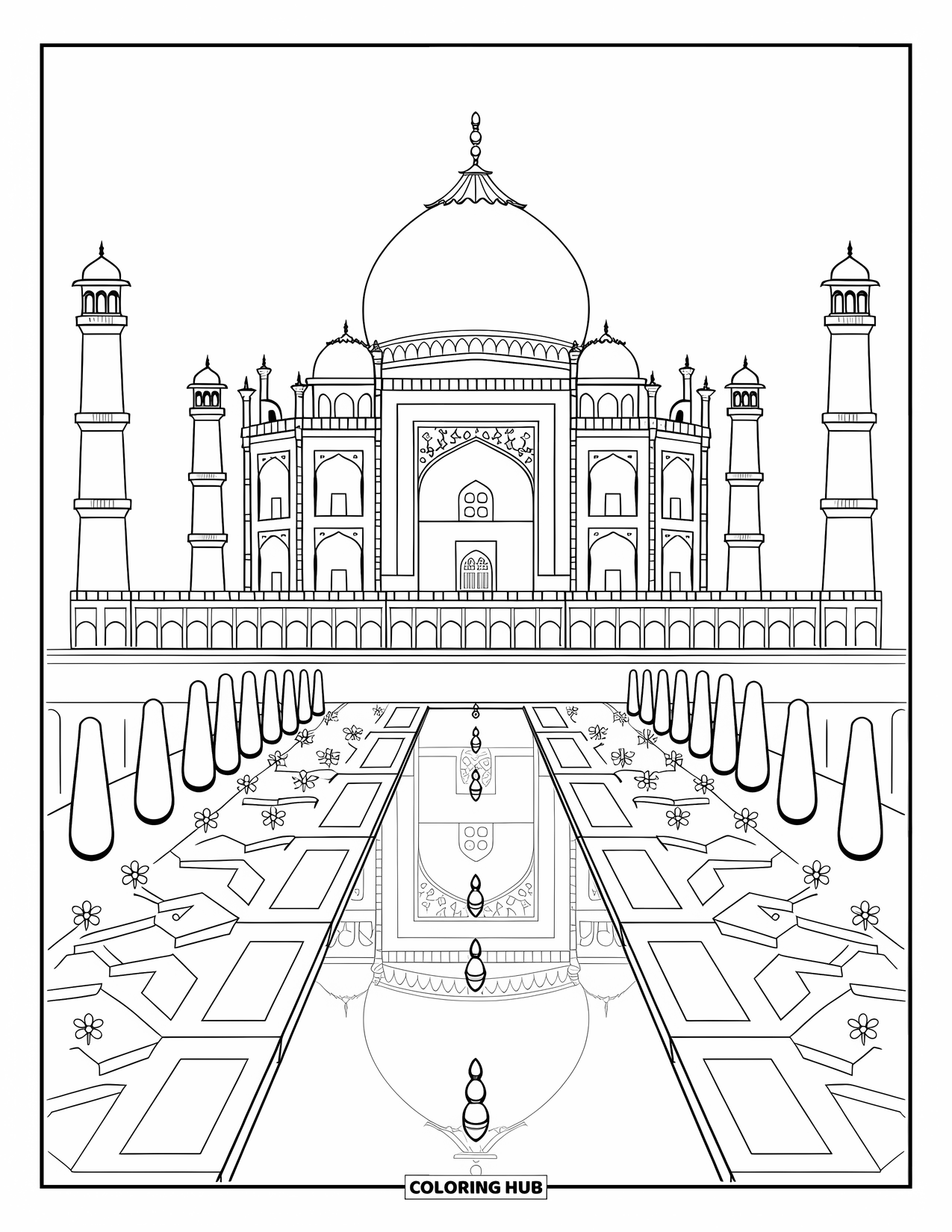 India Coloring Page for Adults: Taj Mahal with four quarters of gardens and mountain view