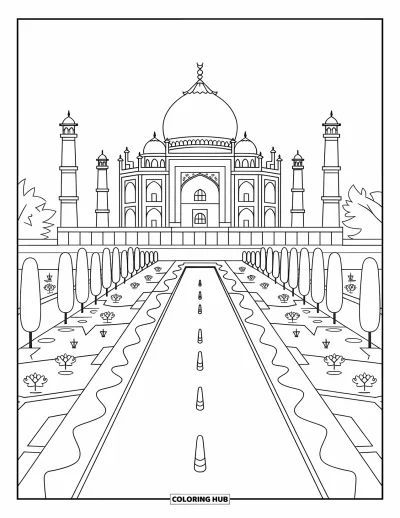 Coloriage d'Inde pour adultes : Taj Mahal avec des jardins, des sculptures et un bassin de reflets apaisants