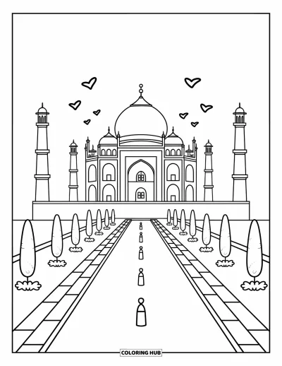 Coloriage d'Inde pour adultes : Taj Mahal avec ses jardins, son bassin et des oiseaux en vol