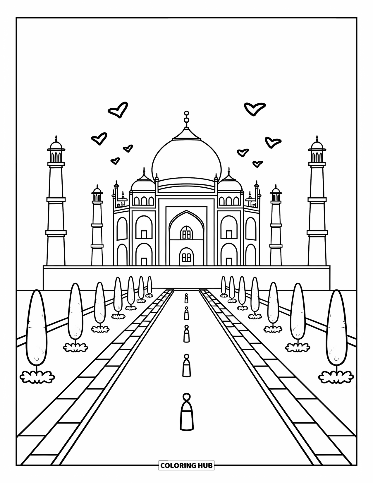 India Coloring Page for Adults: Taj Mahal with gardens, pool, and fluttering birds
