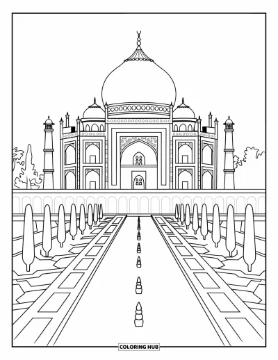 Coloriage d'Inde pour adultes : Taj Mahal avec des sculptures fines, des jardins et un arrière-plan urbain