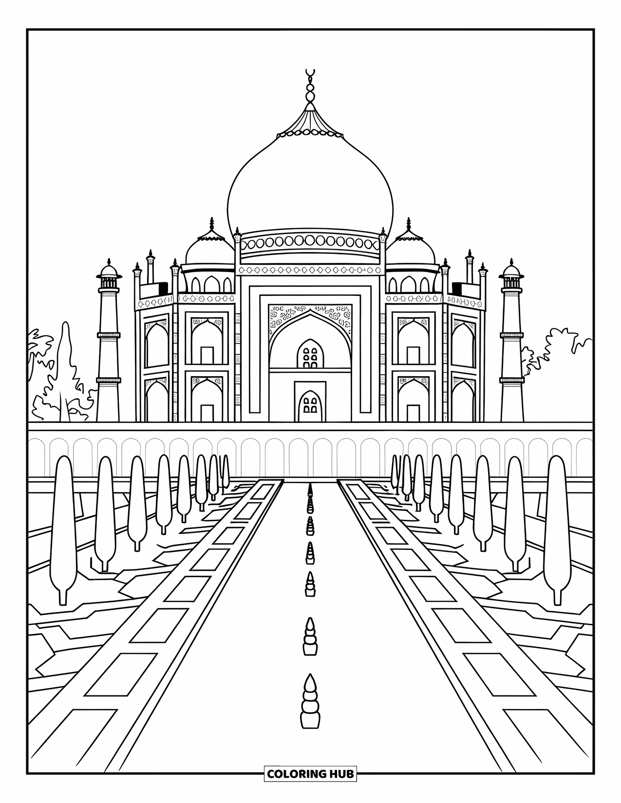 India Coloring Page for Adults: Taj Mahal with intricate carvings, gardens, and city background