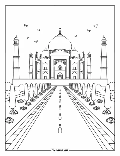 Coloriage d'Inde pour adultes : Taj Mahal avec ses minarets, son bassin de reflets et de petits oiseaux