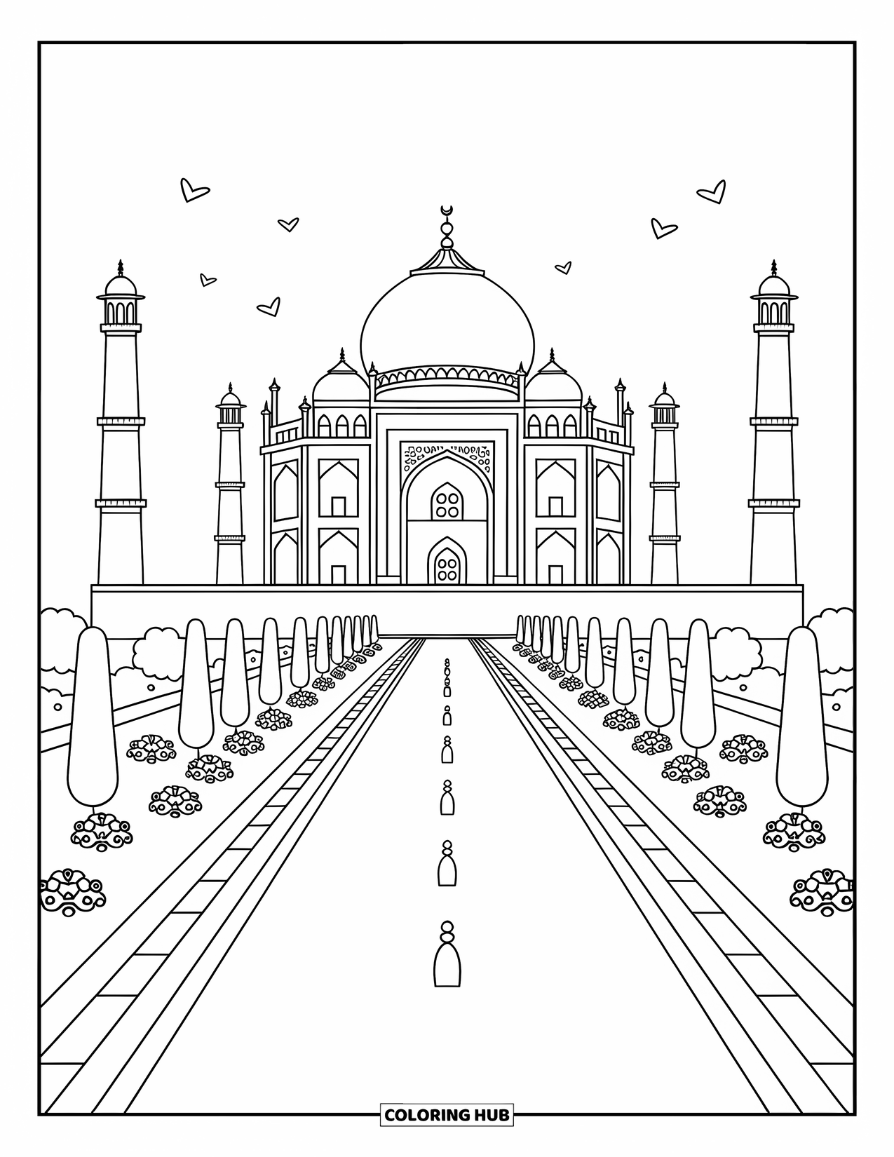 India Coloring Page for Adults: Taj Mahal with minarets, reflecting pool, and tiny birds