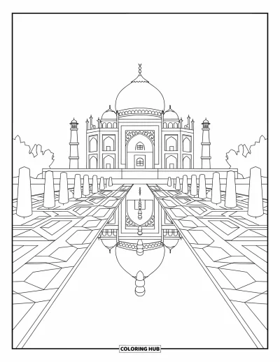 Coloriage d'Inde pour adultes : Taj Mahal avec son bassin de reflets, ses jardins et de grands arbres