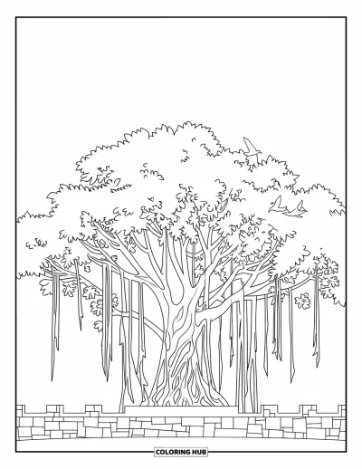 Coloriage d'Inde pour enfants : Banian avec des racines aériennes et une structure en pierre