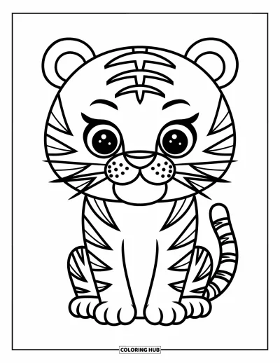 Coloriage d'Inde pour enfants : Adorable tigre assis tranquillement avec ses rayures