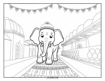 Coloriage d'Inde pour enfants : Éléphant décoré traversant un village avec des drapeaux