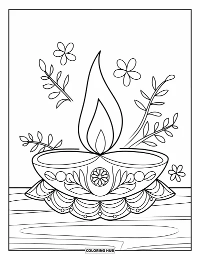 Coloriage d'Inde pour enfants : Lampe diya décorative avec des fleurs et des feuilles