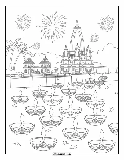Coloriage d'Inde pour enfants : Scène de Diwali avec des diyas, des tours de temple et des feux d'artifice