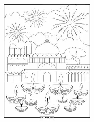 Coloriage d'Inde pour enfants : Diwali avec des bâtiments à dômes, des diyas et des feux d'artifice