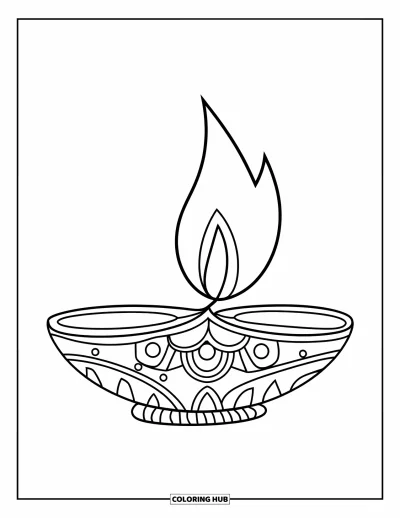 Coloriage d'Inde pour enfants : Lampe diya avec une grande flamme et une base décorative