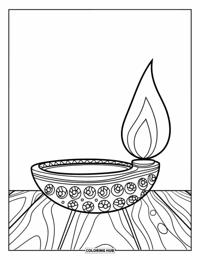 Coloriage d'Inde pour enfants : Lampe diya avec une flamme posée sur une surface en bois