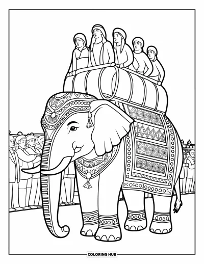 Coloriage d'Inde pour enfants : Éléphant dans un défilé festif avec des motifs ornementaux