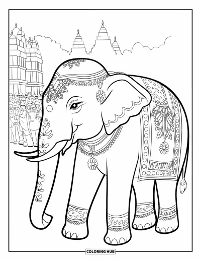 Coloriage d'Inde pour enfants : Éléphant avec un howdah doré dans un défilé de temple