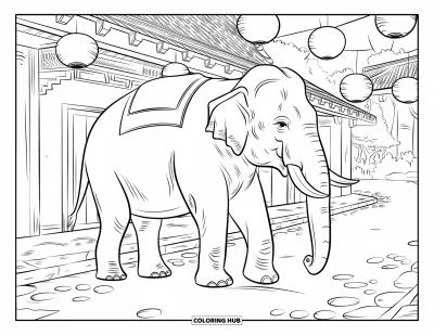 Coloriage d'Inde pour enfants : Éléphant avec des lanternes et des maisons de village