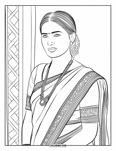 Coloriage d'Inde pour enfants : Femme élégante en sari avec un chignon et des bijoux