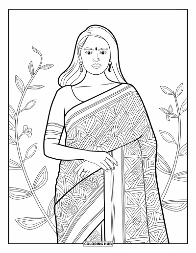 Coloriage d'Inde pour enfants : Femme indienne en sari avec des boucles d'oreilles et de longs cheveux