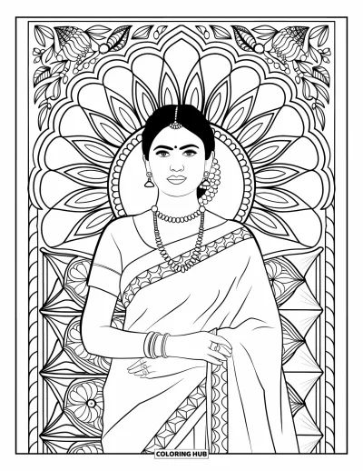 Coloriage d'Inde pour enfants : Femme indienne aux cheveux attachés et aux bijoux traditionnels