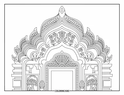 Coloriage d'Inde pour enfants : Entrée de temple finement sculptée avec des arches et des motifs détaillés