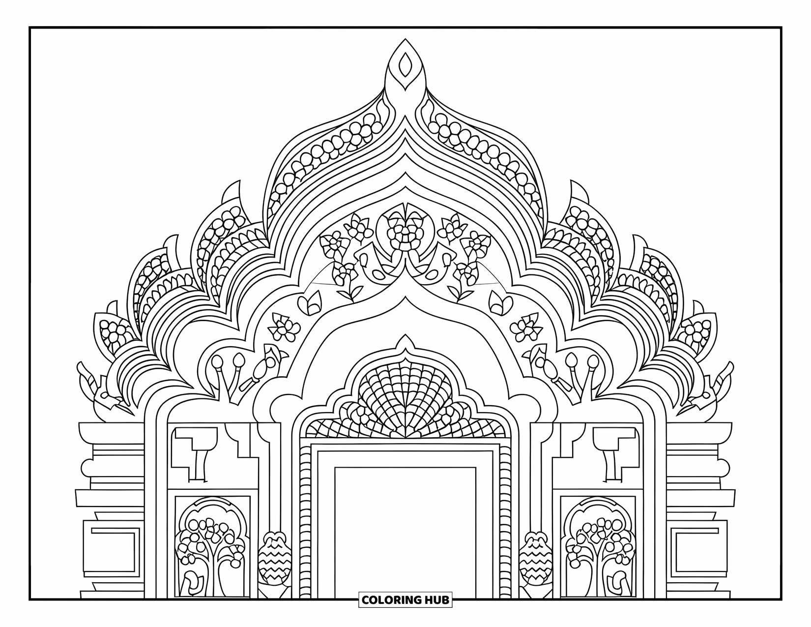 India Coloring Page for Kids: Intricately carved temple entrance with arches and detailed patterns