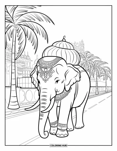Coloriage d'Inde pour enfants : Éléphant de parade avec des tissus ornés et des palmiers
