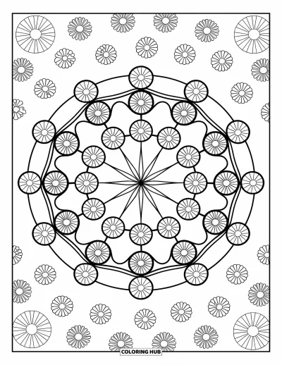 Coloriage d'Inde pour enfants : Motif de rangoli avec des cercles et des fleurs