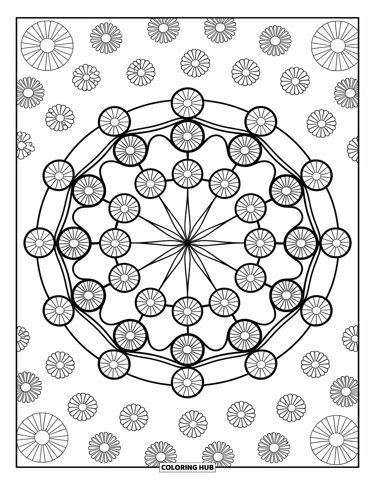 India Coloring Page for Kids: Rangoli pattern of circles and flowers