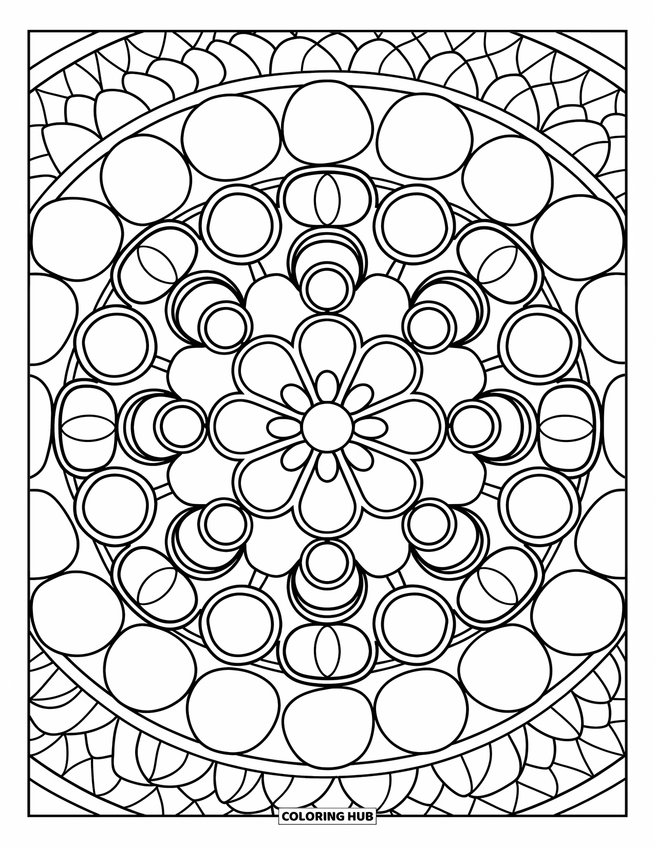 India Coloring Page for Kids: Rangoli with circles and a central flower