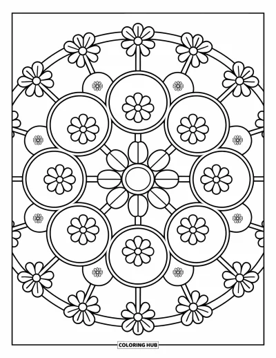 Coloriage d'Inde pour enfants : Rangoli avec des cercles et des motifs floraux