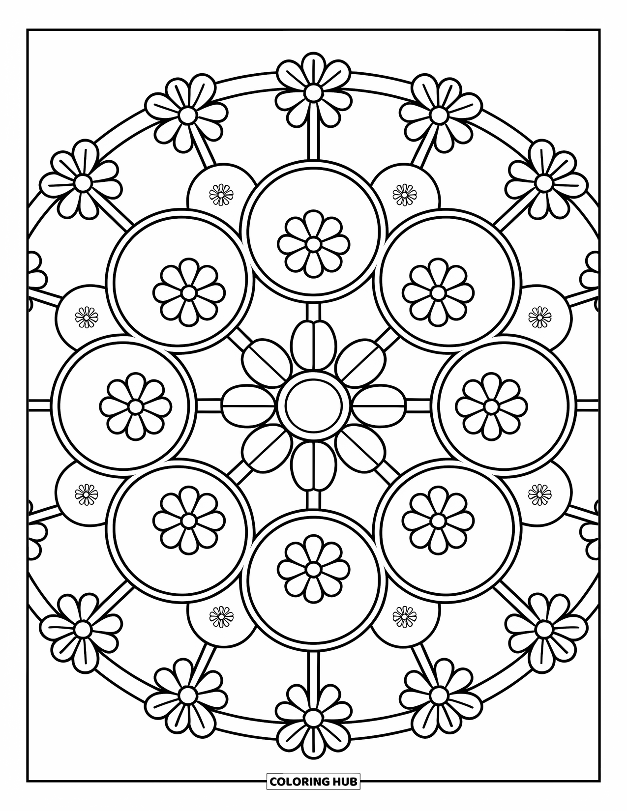 India Coloring Page for Kids: Rangoli with circles and floral designs