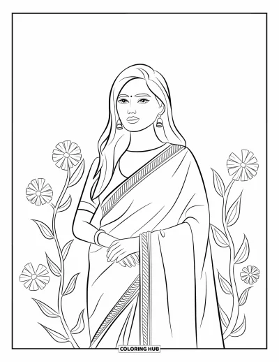 Coloriage d'Inde pour enfants : Femme sereine en sari entourée de fleurs