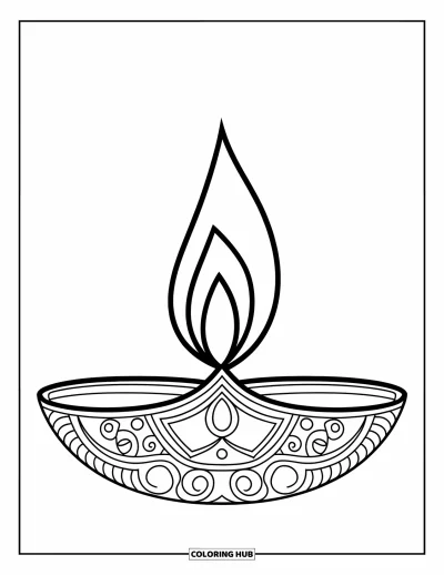 Coloriage d'Inde pour enfants : Lampe diya simple avec une flamme posée à plat
