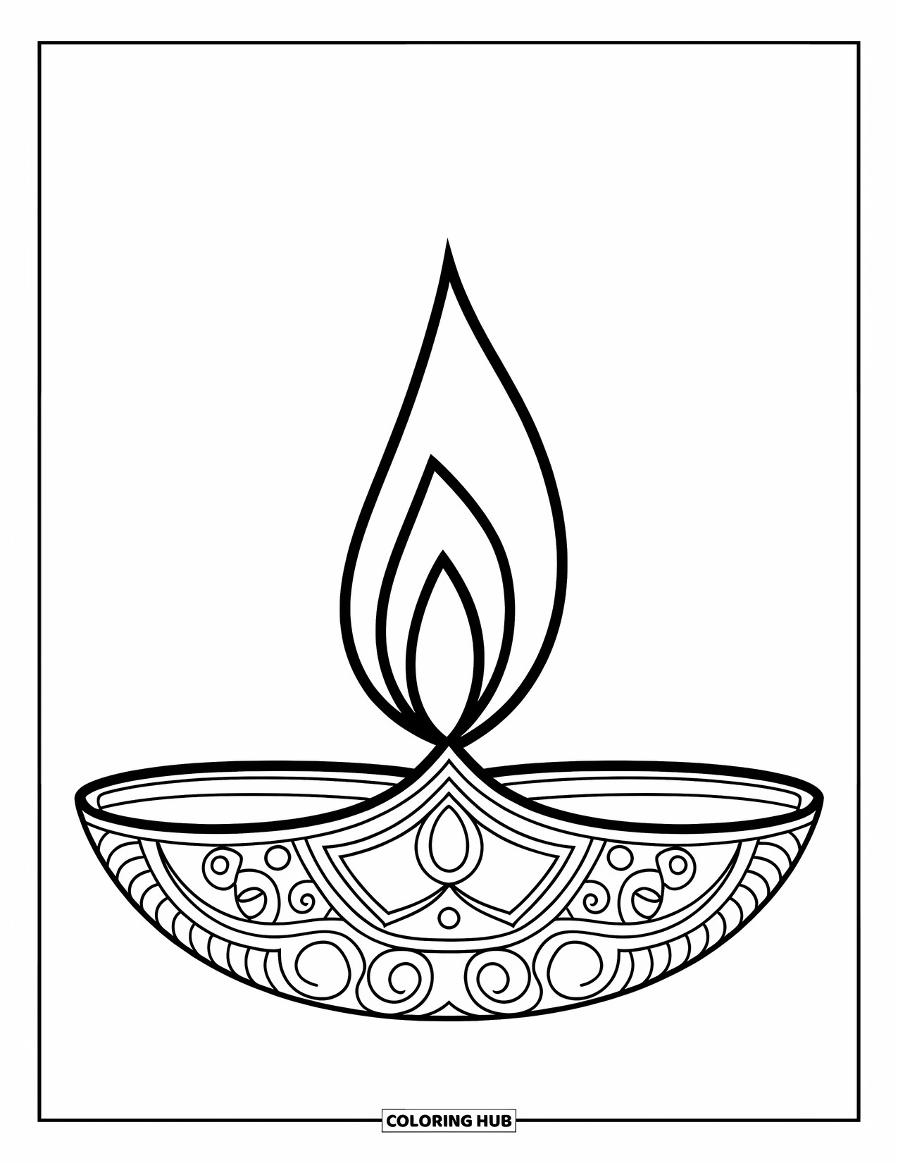 India Coloring Page for Kids: Simple diya lamp with flame on flat surface