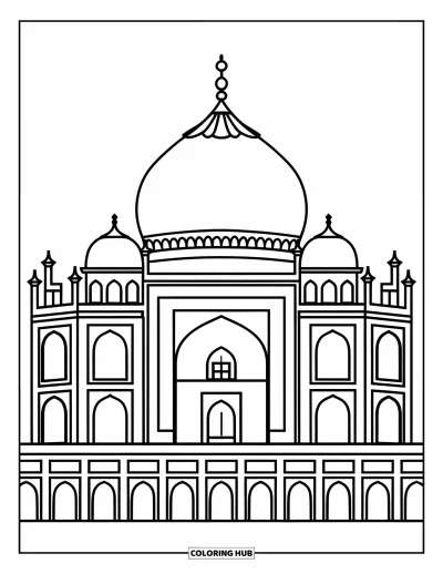 Coloriage d'Inde pour enfants : Taj Mahal simplifié avec des dômes et de grandes fenêtres
