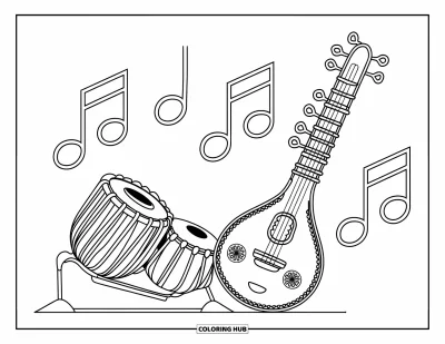 Coloriage d'Inde pour enfants : Tabla et sitar avec des notes de musique flottantes