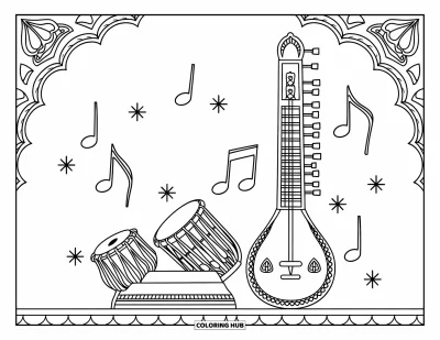 Coloriage d'Inde pour enfants : Tabla et sitar avec des notes de musique tout autour