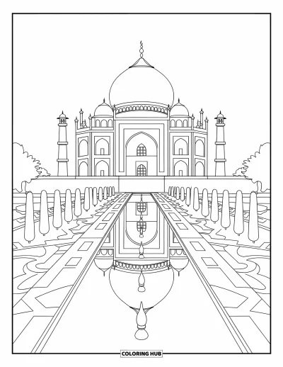 Coloriage d'Inde pour enfants : Taj Mahal reflété dans un bassin