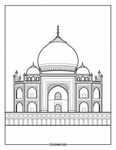 Coloriage d'Inde pour enfants : Le Taj Mahal avec ses sculptures, ses dômes et son jardin luxuriant