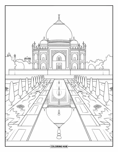 Coloriage d'Inde pour enfants : Taj Mahal avec son dôme, ses jardins et ses allées