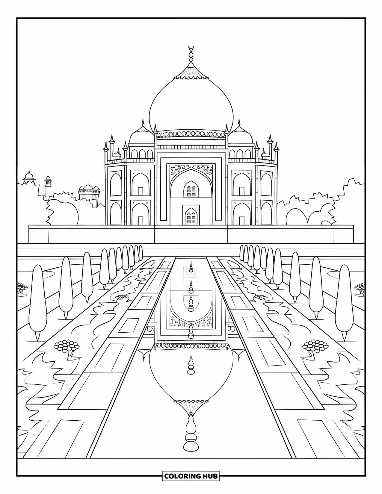 India Coloring Page for Kids: Taj Mahal with dome, gardens, and pathways