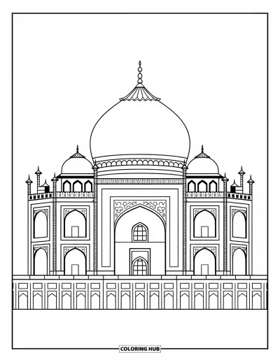 Coloriage d'Inde pour enfants : Taj Mahal avec ses dômes et son cadre de jardins