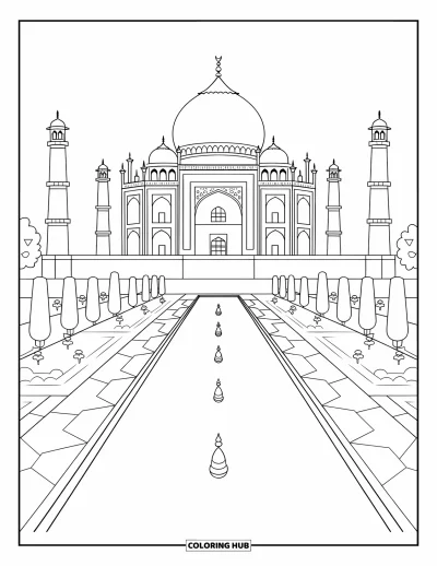 Coloriage d'Inde pour enfants : Taj Mahal avec ses jardins et son bassin de reflets