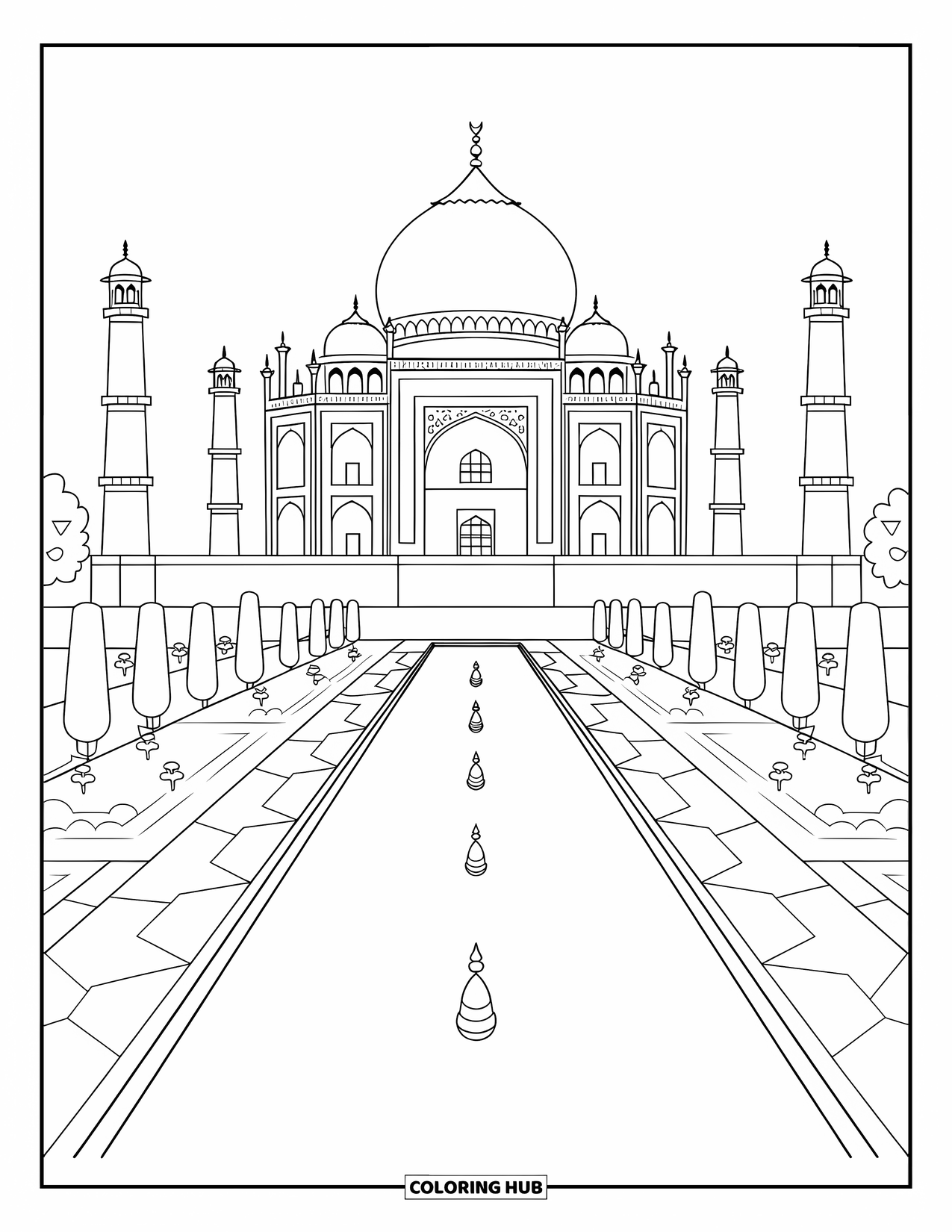 India Coloring Page for Kids: Taj Mahal with gardens and reflection pool
