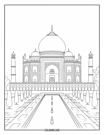 Coloriage d'Inde pour enfants : Taj Mahal avec son bassin de reflets et ses arches