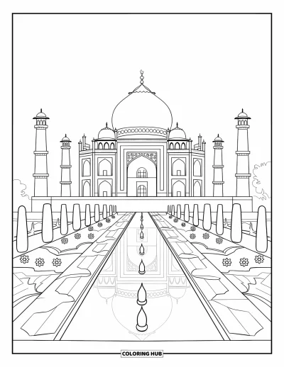 Coloriage d'Inde pour enfants : Taj Mahal avec ses jardins symétriques et son bassin