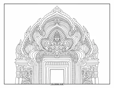 Coloriage d'Inde pour enfants : Entrée de temple avec des sculptures de divinités, des fleurs et des motifs géométriques