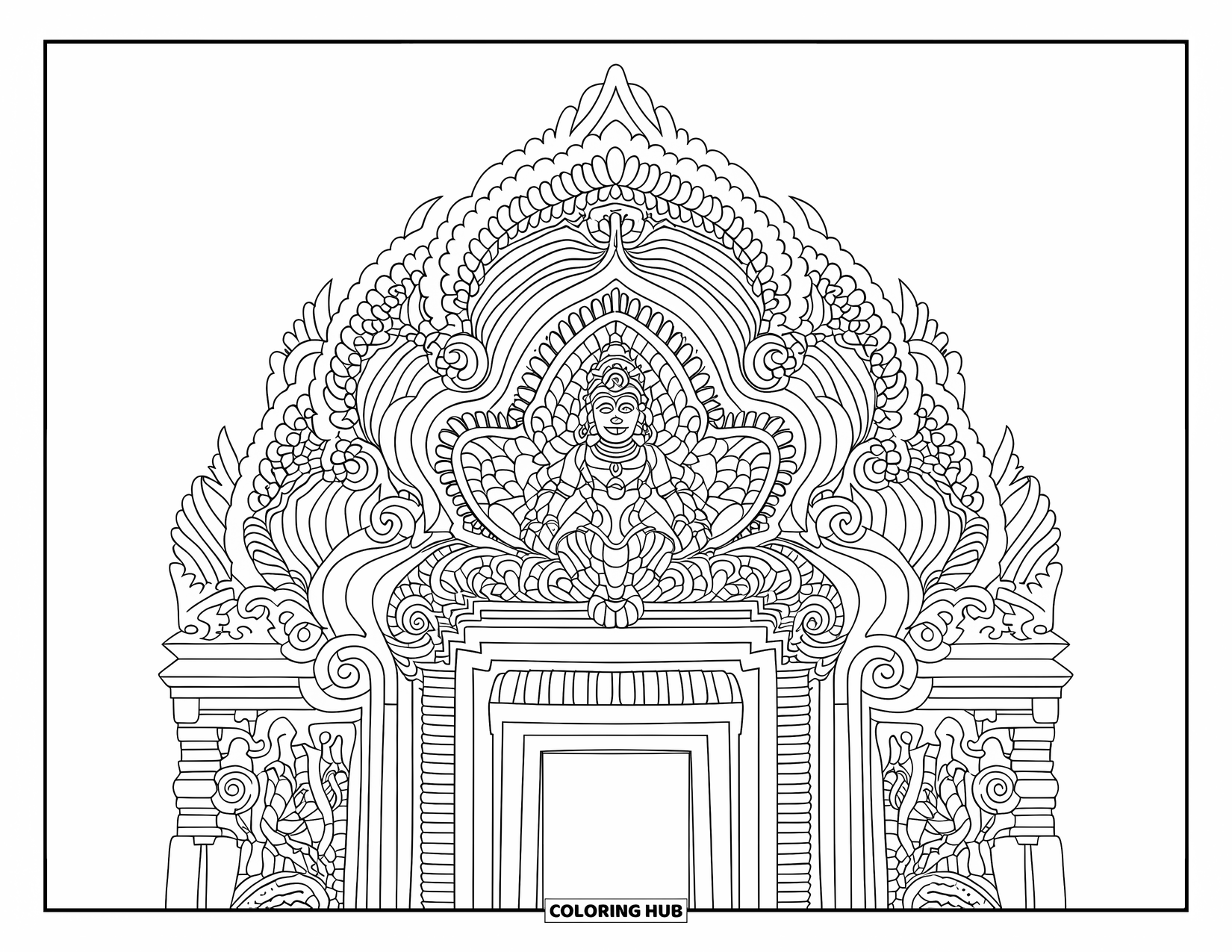 India Coloring Page for Kids: Temple entrance with carvings of deities, flowers, and geometric designs